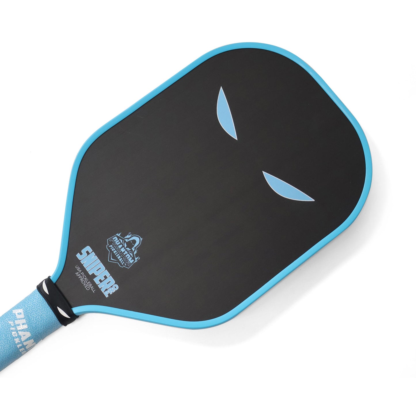 A black PHANTOM SNIPER PRO 12MM T700 Raw Carbon Fiber Pickleball Paddle by Phantom Pickleball, with blue edges, two blue eye designs on the face, and “SNIPER” & “PHANTOM” in white on the handle. Plain white background.