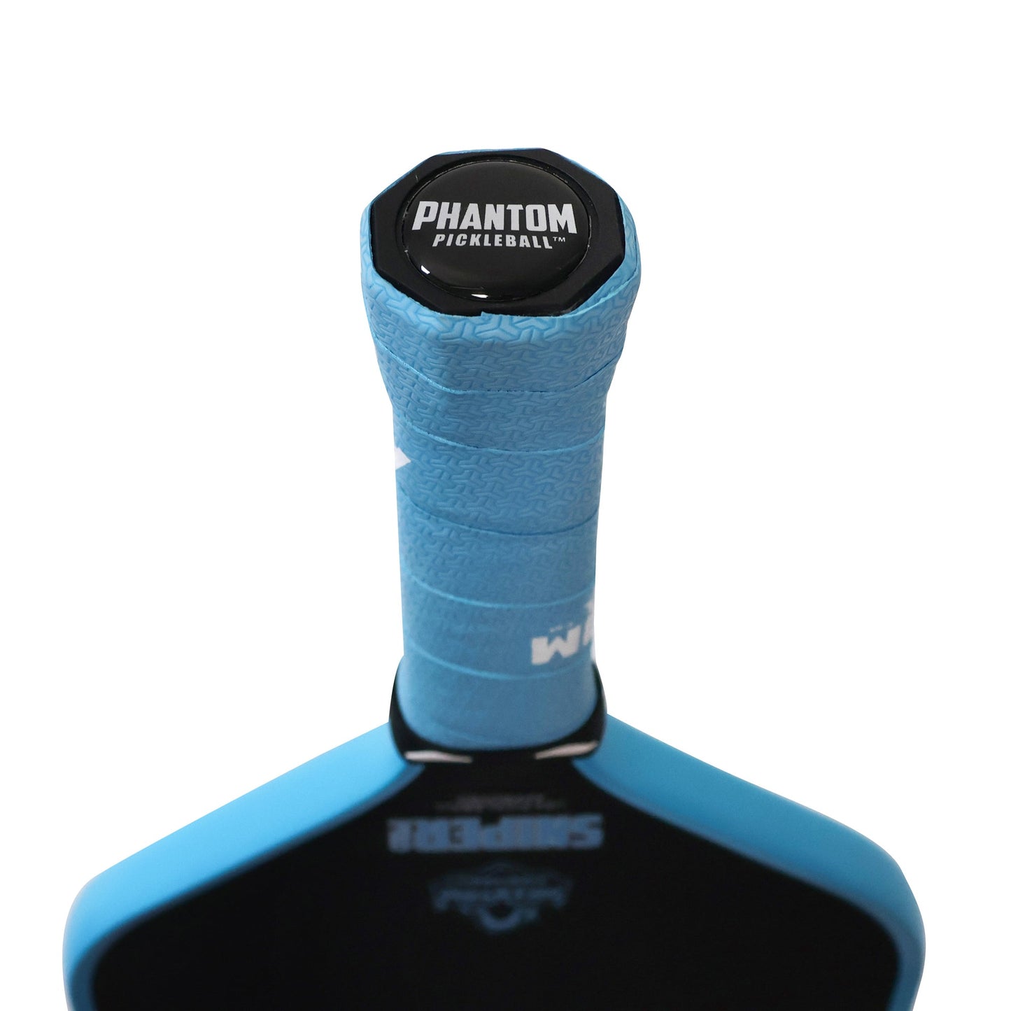 Close-up of the PHANTOM SNIPER PRO 12MM T700 Raw Carbon Fiber Thermoformed Pro Pickleball Paddle from Phantom Pickleball, showing the blue grip handle, blue edge, and part of the raw carbon surface with branding in white on black.