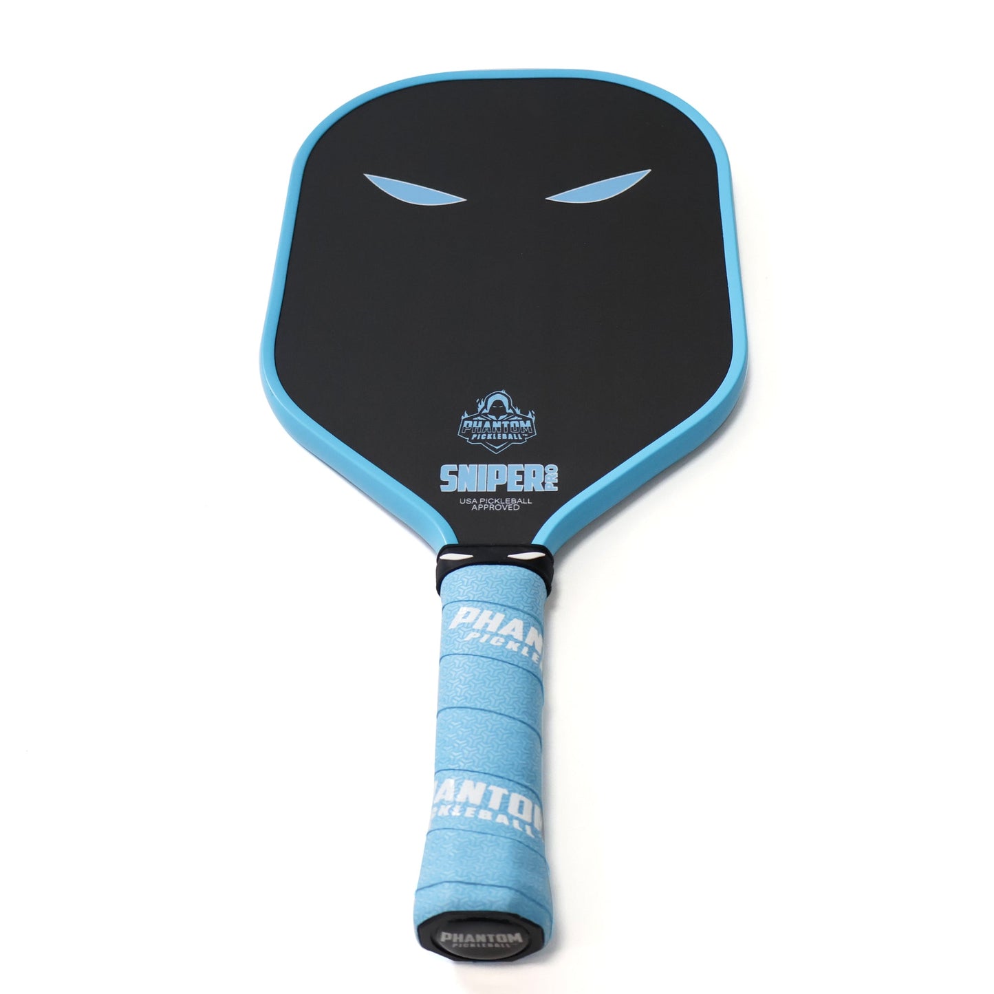 The PHANTOM SNIPER PRO 12MM T700 Raw Carbon Fiber Thermoformed Pro Pickleball Paddle by Phantom Pickleball features a black raw carbon face, blue edge, stylized eye graphics, bold SNIPER lettering, and a light blue PHANTOM grip.