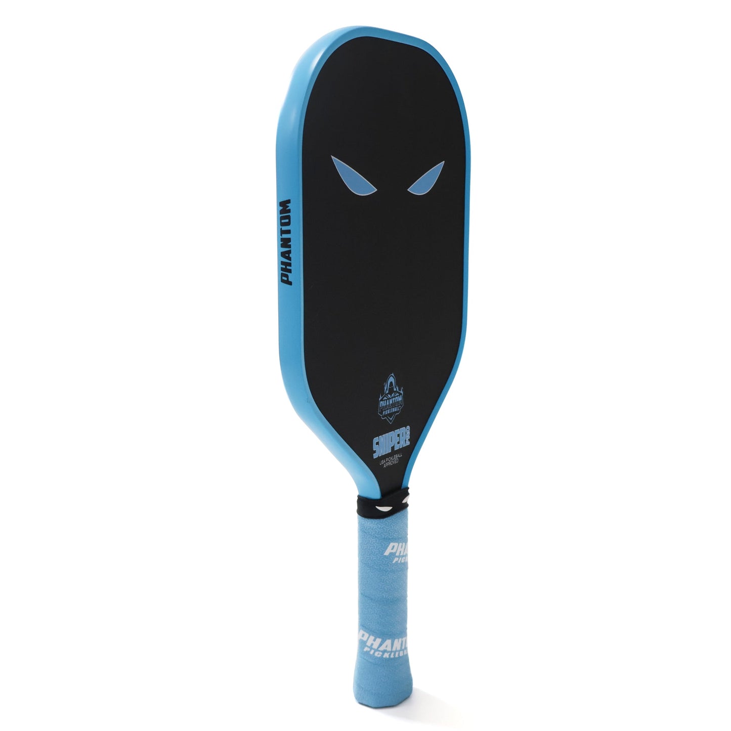 The PHANTOM SNIPER PRO 12MM T700 Raw Carbon Fiber Thermoformed Pro Pickleball Paddle by Phantom Pickleball features a black carbon face, blue edge and handle, bold white eyes, a blue "PHANTOM" grip, and the brand name on its surface.