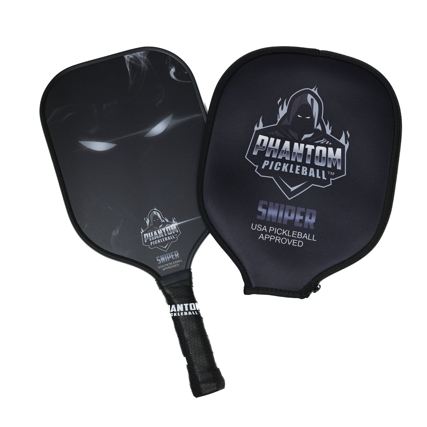 The PHANTOM SNIPER 13MM T800 Carbon Fiber Pro Paddle from Phantom Pickleball features an elongated black design and zippered cover, both showing a ghostly hooded figure, glowing eyes, and bold “PHANTOM PICKLEBALL SNIPER USA PICKLEBALL APPROVED” text.