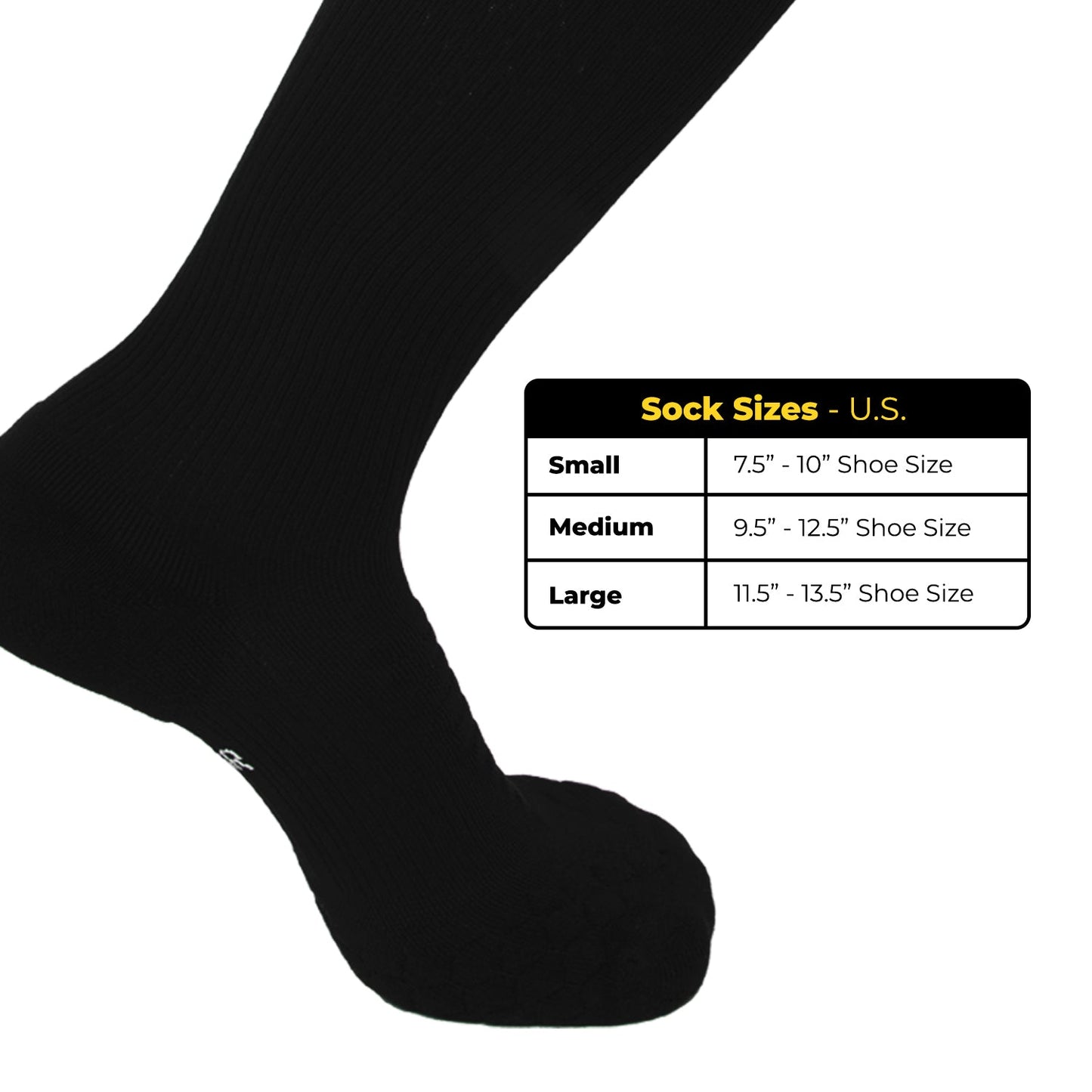 A foot in a black iReliev AMP Ankle Compression Sock appears next to a size chart for U.S. sizes: Small (7.5–10), Medium (9.5–12.5), Large (11.5–13.5). "Sock Sizes - U.S." is highlighted in yellow—ideal for running or daily use!.