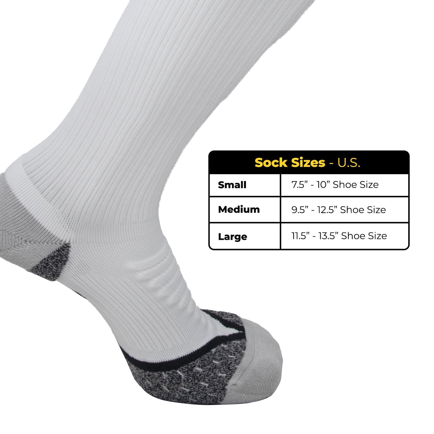 A foot angled upward wears a white and gray iReliev AMP Leg Compression Sock. Beside it is a U.S. size chart: Small—7.5” to 10”, Medium—9.5” to 12.5”, Large—11.5” to 13.5”.