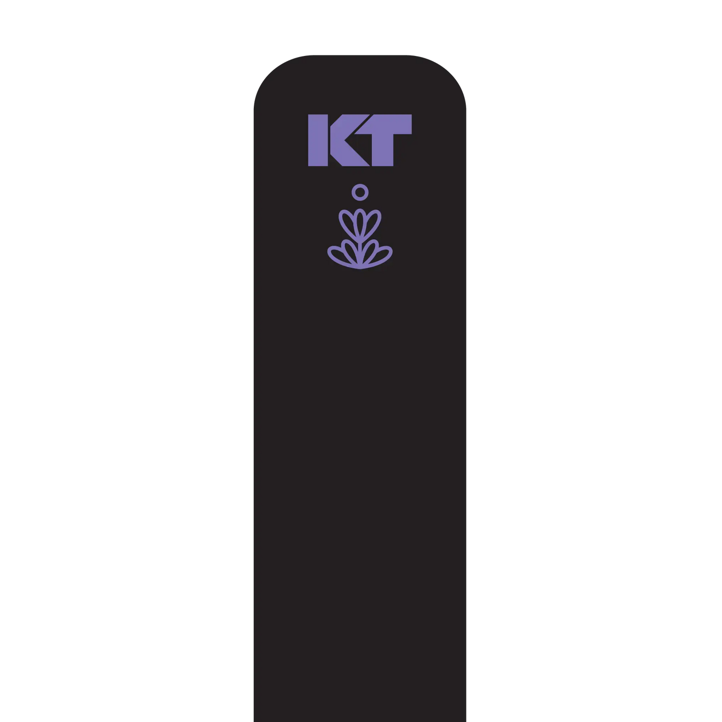 A black vertical rectangle with a rounded top displays the purple “KT” logo above a geometric flower, symbolizing pain relief from KT Tape Soothe by KT Tape, all set on a light gray background.