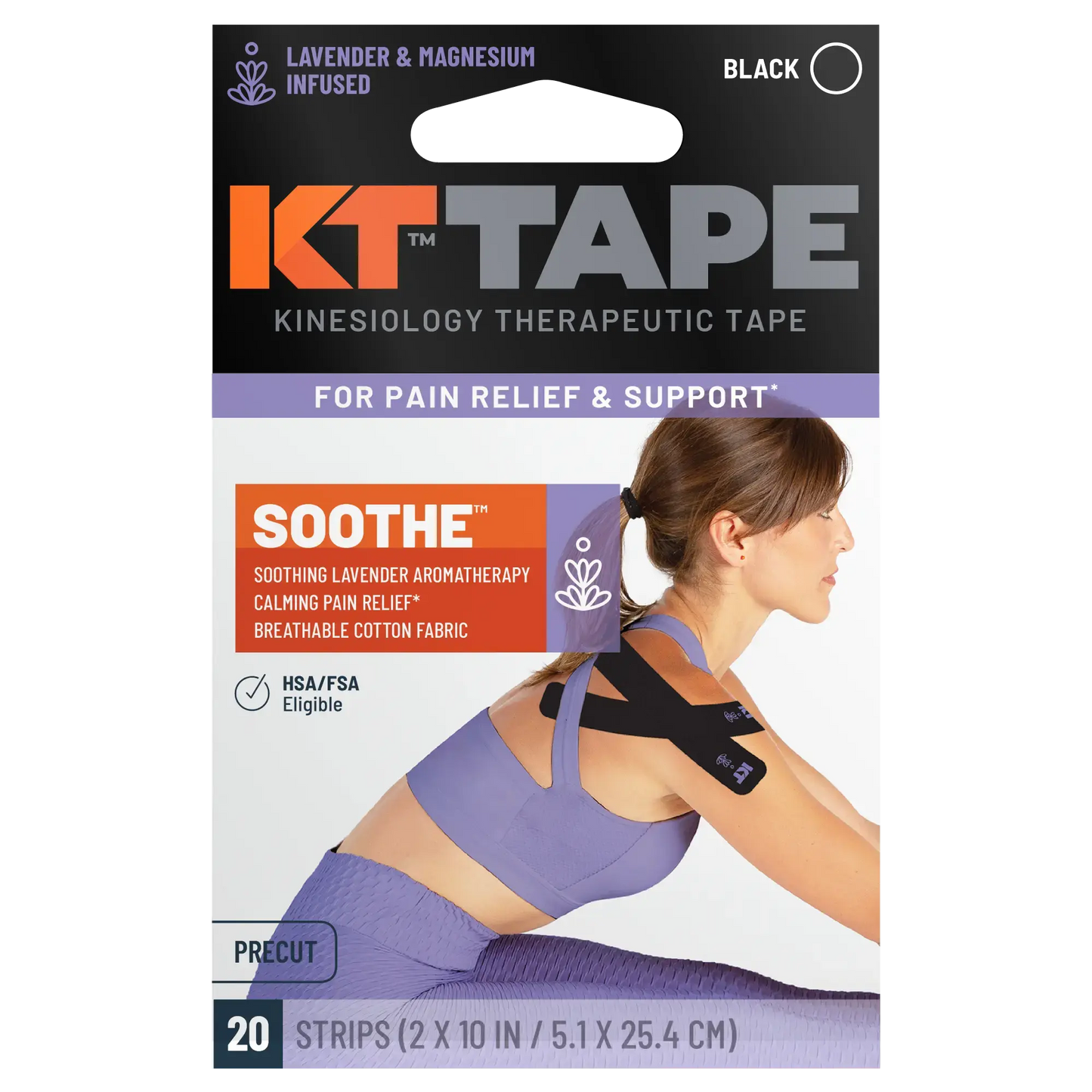 Front of a KT Tape Soothe box from KT Tape shows a woman in a lavender sports bra with black kinesiology tape on her shoulder and back. The packaging features “soothing lavender aromatherapy” and 20 precut strips for pain relief.