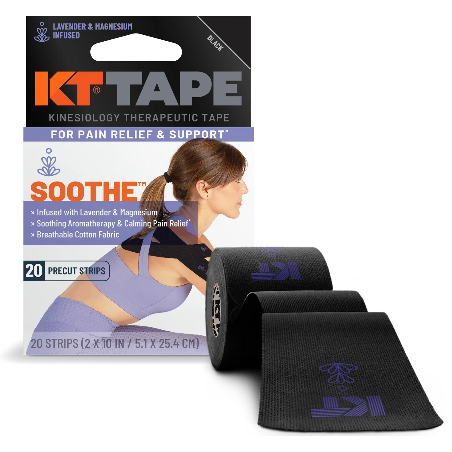 A box of KT Tape Soothe by KT Tape is shown, featuring lavender magnesium infusion for pain relief and support. A woman applies the tape to her shoulder, while a black KT logo roll is unrolled in the foreground.