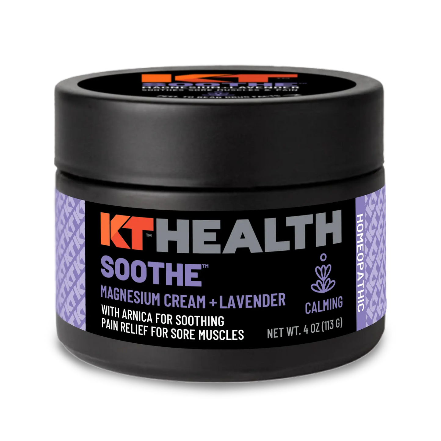 A black 4 oz (113 g) jar labeled KT Tape KT Health Magnesium Creams with purple accents contains a homeopathic magnesium cream with arnica and lavender for muscle and pain relief plus calming support.