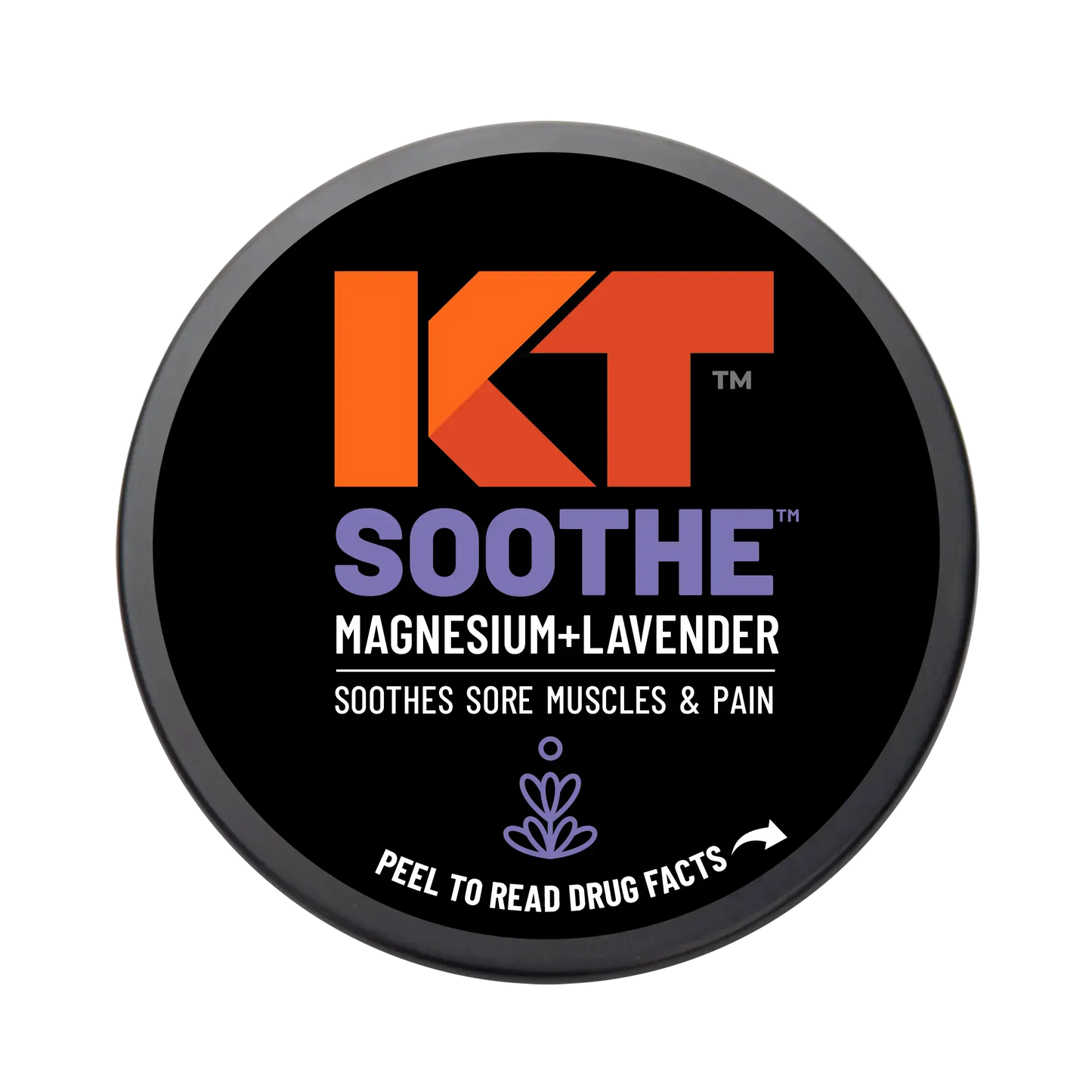 The round black lid of KT Tape's KT Health Magnesium Creams displays bold orange "KT," white "SOOTHE," and purple "MAGNESIUM+LAVENDER." It claims to soothe sore muscles and pain, highlighting muscle recovery benefits.