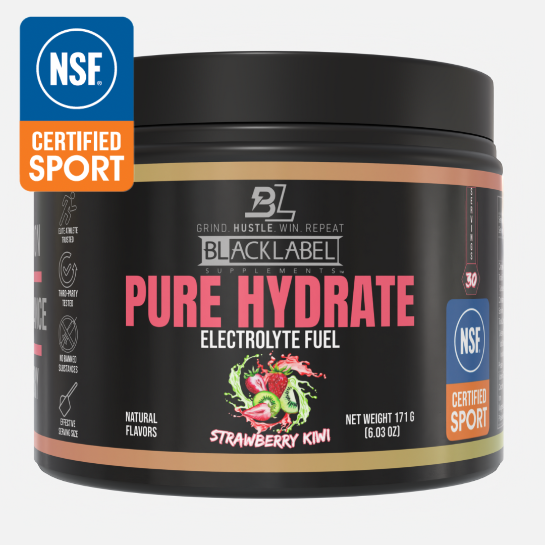 A black tub of BLACKLABEL Supplements PURE HYDRATE, a sugar-free strawberry kiwi sports drink. The label shows bold pink text, strawberry and kiwi images, and a blue and orange NSF Certified Sport badge.