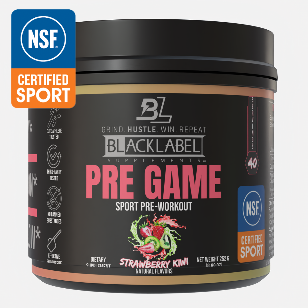 A 252.6g black container of BLACKLABEL Supplements PRE GAME Pre-Workout in strawberry kiwi flavor, featuring pink and white text, fruit images, enhanced focus for workouts, and NSF Certified Sport.