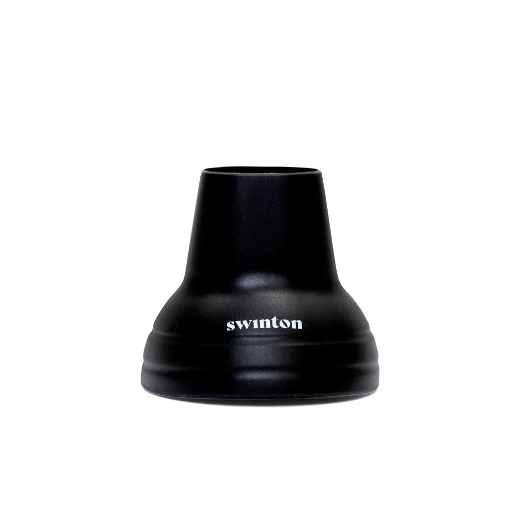 The Suck Up by Swinton Pickleball is a black, cone-shaped pickleball picker with "swinton" in white on its smooth matte surface, featuring a wide base and narrow top. This paddle accessory is shown against a plain white background.