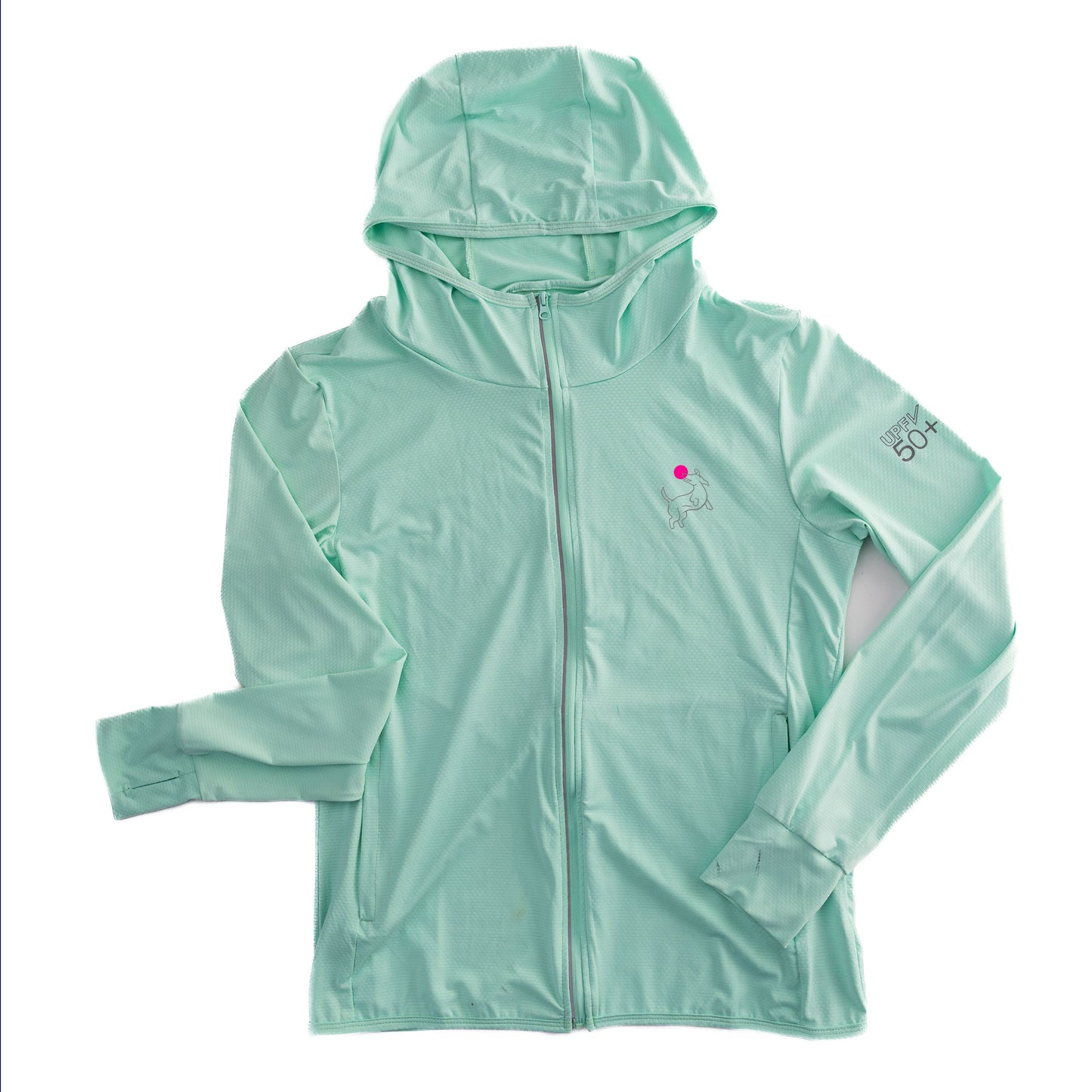 The Swinton Pickleball Mint Zip-Front Sun Hoodie features lightweight, breathable fabric, long sleeves with thumbholes, UPF 50+ protection, and an embroidered flamingo plus UPF label on the left sleeve. Shown flat on a white background.