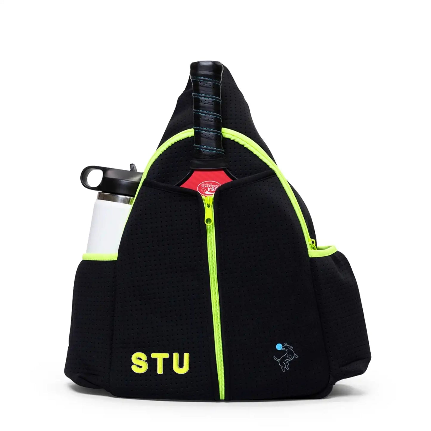 The Swinton Pickleball Sling Bag - Black features neon yellow zippers, “STU” in yellow on the front, side pockets for a white water bottle and red-capped bottle, plus a small blue logo—perfect for carrying your pickleball gear. Personalization available.