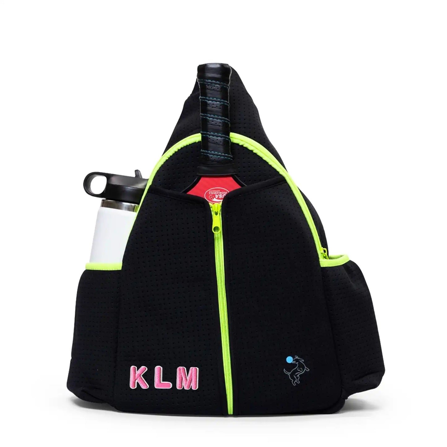 The Swinton Pickleball Sling Bag in black features neon green zippers, pink KLM letters, a blue logo, top handle, side pockets for a white water bottle and red item—ideal as a stylish personalized pickleball bag.