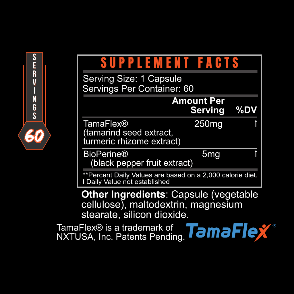 BLACKLABEL Supplements TAMAFLEX® provides 60 servings per bottle (1 capsule each), with 250mg TamaFlex® and 5mg BioPerine® per capsule for joint support—ideal for athletes or those with joint discomfort; includes other inactive ingredients.