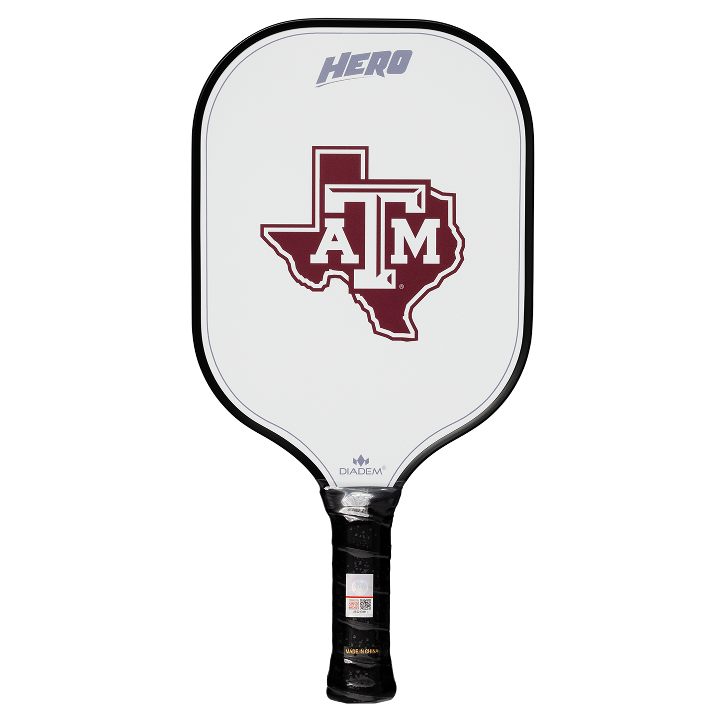 The Diadem Sports Diadem Hero pickleball paddle is USAPA approved with a white face, black edge and handle, maroon Texas A&M logo over Texas’s outline, gray “HERO” at the top, and “DIADEM” above the handle—great for beginners.