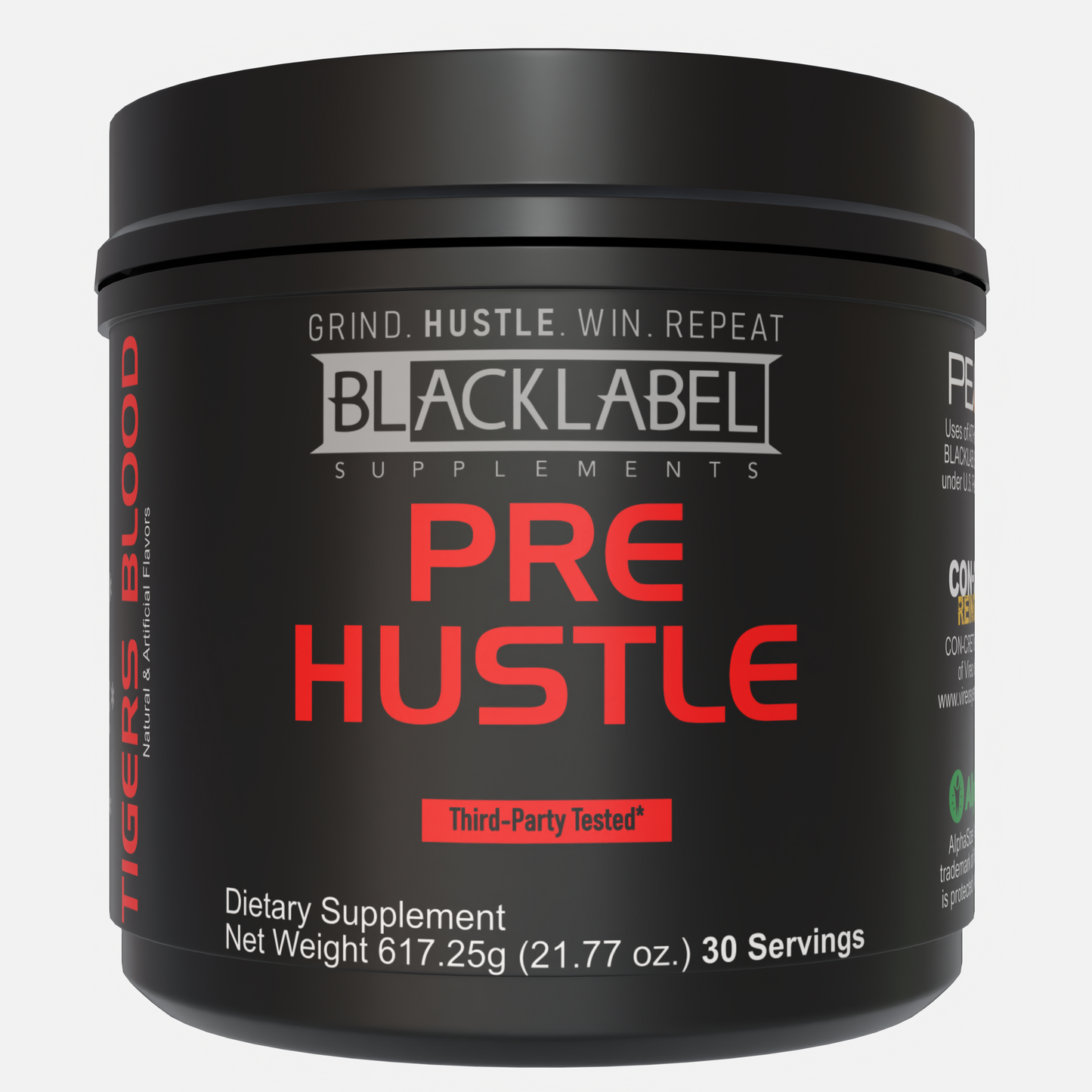 A black container labeled "PRE HUSTLE" by BLACKLABEL Supplements. This pre-workout offers 30 servings (617.25g) in “TIGERS BLOOD” flavor and features performance nutrients to support your workout grind.