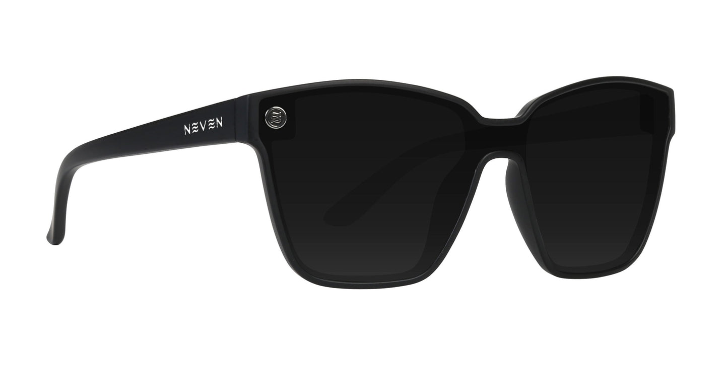 A pair of black rectangular Atlantis sunglasses from Neven Eyewear with thick plastic frames, dark lenses, and the brand logo on the left arm. These polarized sunglasses offer UV400 protection and feature a modern curve at the temples.