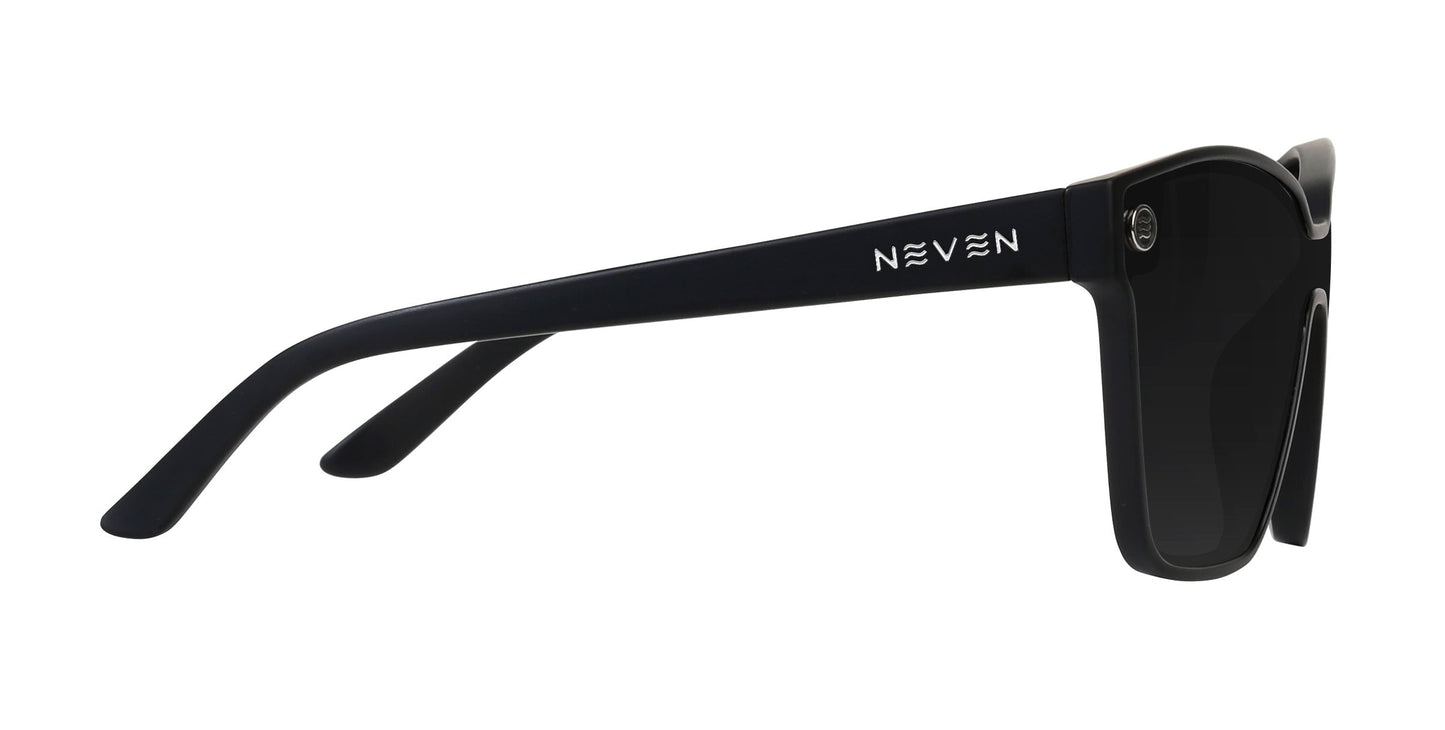 The Atlantis sunglasses by Neven Eyewear feature a sleek black design with thick arms, dark lenses, and the NEVEN logo in white near the hinge. These stylish shades provide polarized UV400 eye protection.