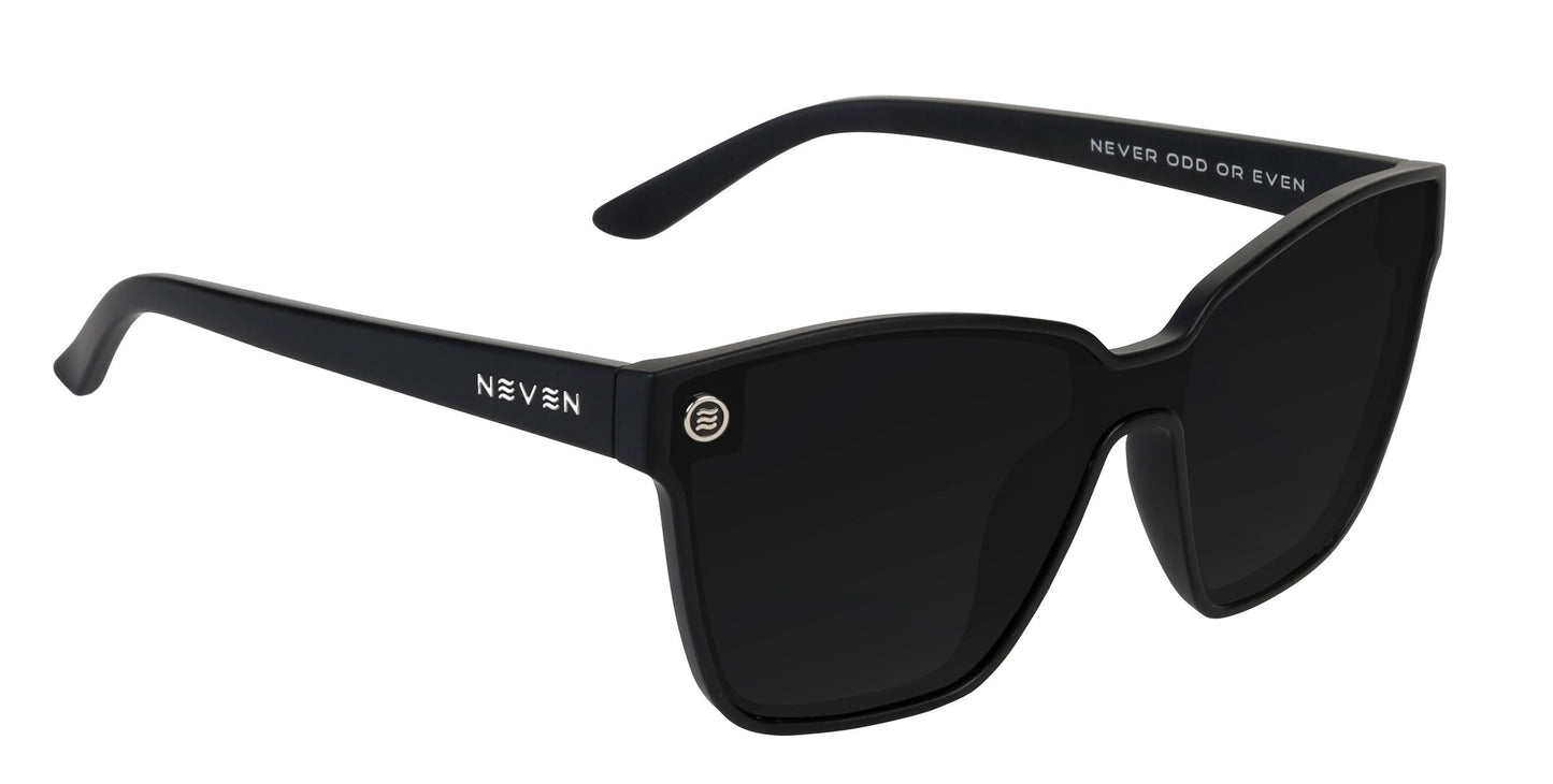 A pair of black, rectangular Atlantis sunglasses from Neven Eyewear with thick frames and dark lenses. The left arm features “NEVEN” in white, and polarized UV400 protection shields your eyes from harmful rays.