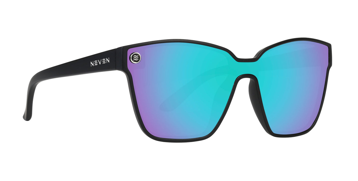 Curiosity by Neven Eyewear features a matte black frame and large, slightly cat-eye polarized lenses with a striking teal-to-purple mirror finish. White NEVEN branding and a circular logo accent the left temple for a stylish touch.