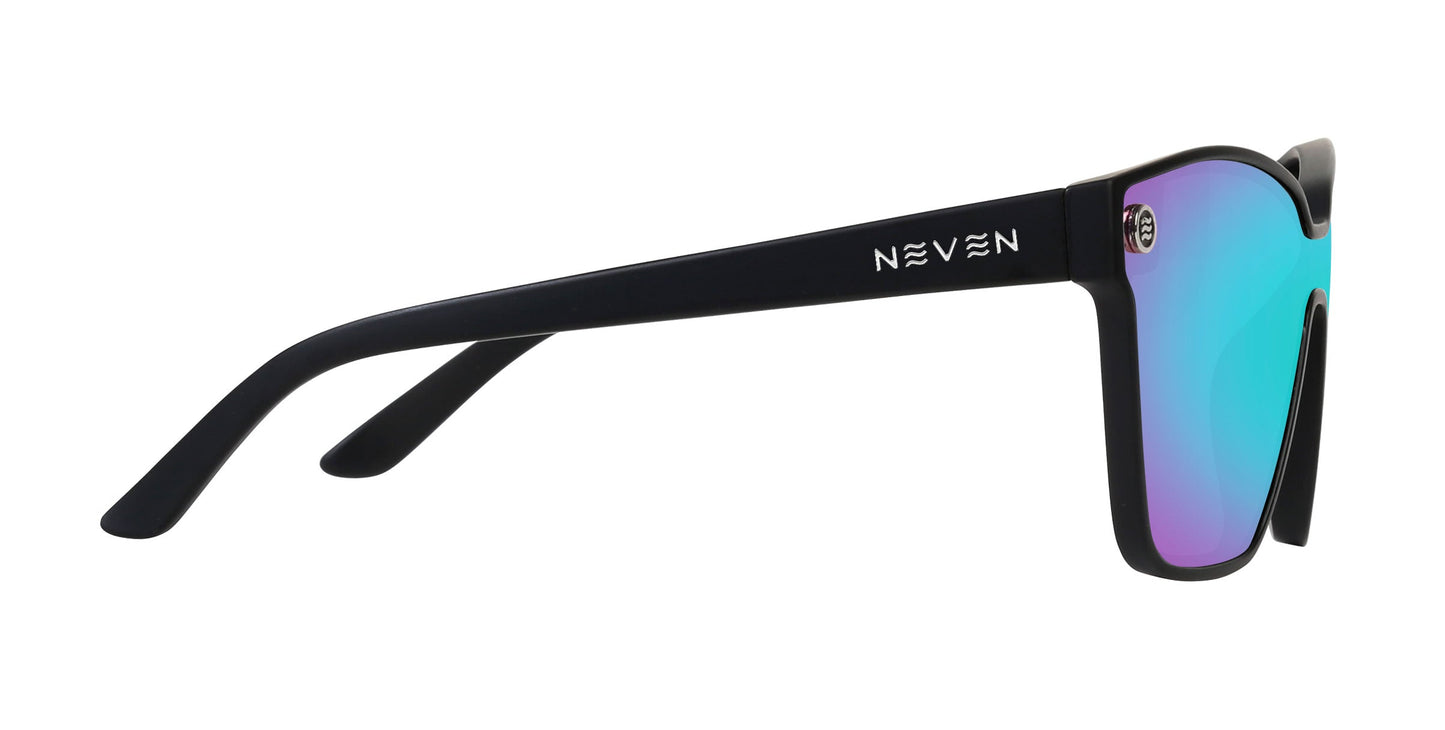 Side view of Curiosity sunglasses by Neven Eyewear, featuring a matte black frame and thick arms. Mirrored lenses reflect blue and green tones. “NEVEN” in white appears on the slightly curved left arm. Set against a plain white background.