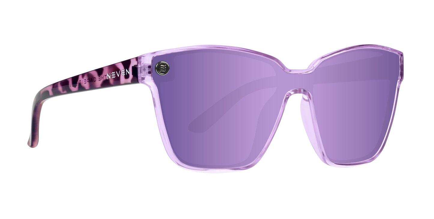 The Neven Eyewear Discovery sunglasses feature rectangular lenses, semi-transparent frames, and polarized UV400 protection. Purple leopard print arms with subtle text and a metallic circle complete the coordinated, stylish design.