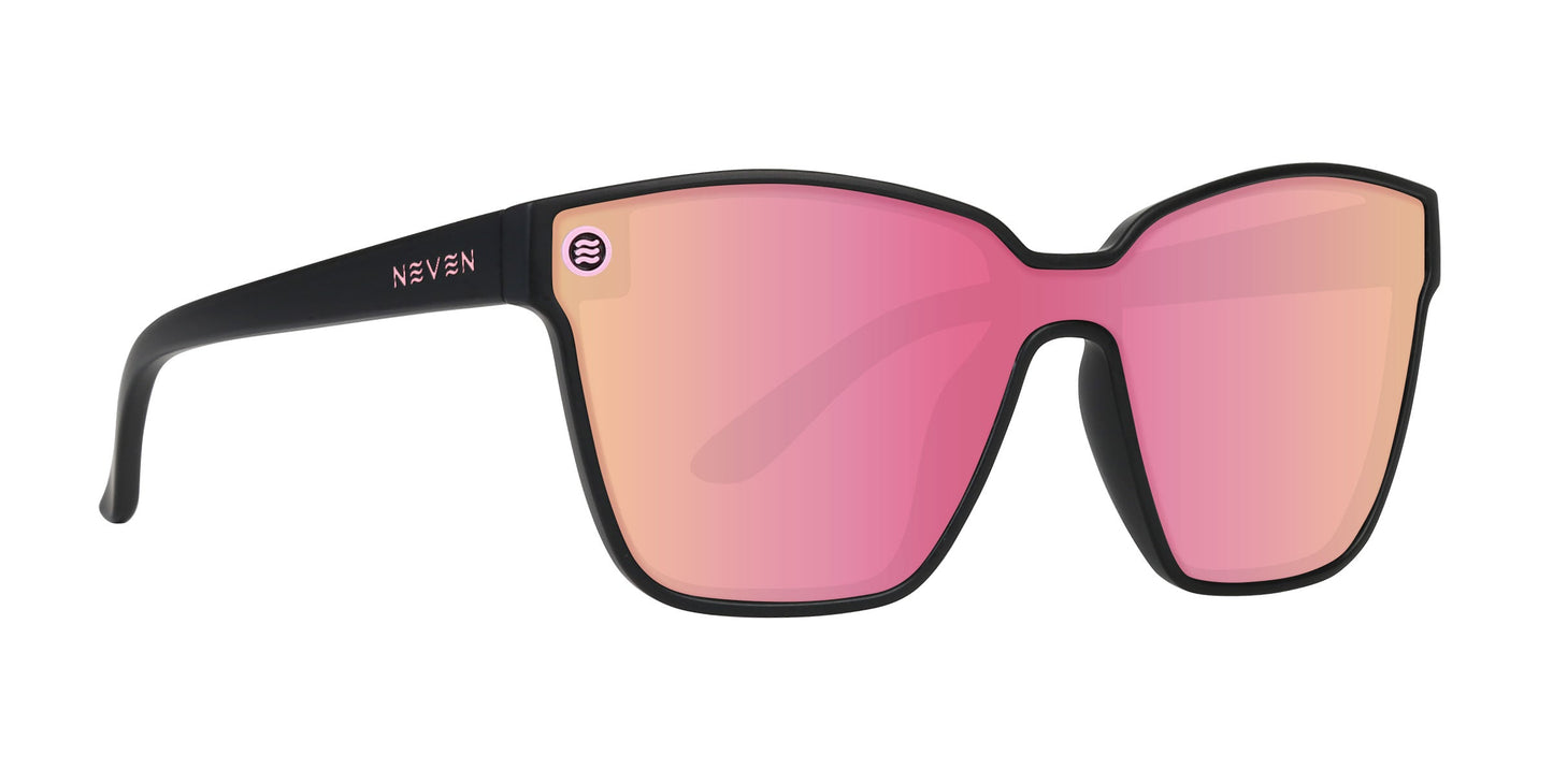 Endeavour by Neven Eyewear: matte black frame, large butterfly-shaped pink mirrored lenses, polarized UV400 protection, stainless steel hinges, NEVEN in white on the left arm, and a circular logo on the top left lens.