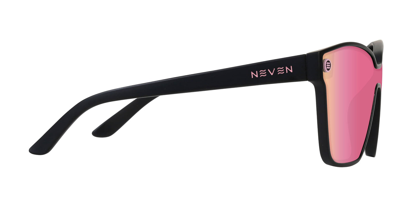 Side view of Neven Eyewear's Endeavour sunglasses with thick frames, pink mirrored lenses, polarized UV400 protection, "NEVEN" in white on the left arm, and durable stainless steel hinges for a sleek, modern look.