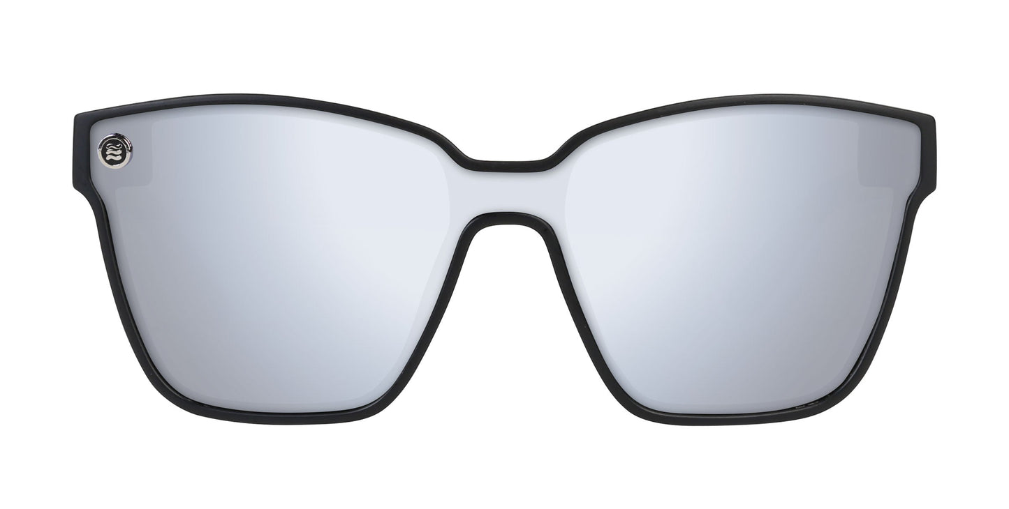 The Perseverance by Neven Eyewear features polarized, mirror-lens sunglasses with large rounded rectangular lenses and a slim black frame. A small circular logo accents the top left lens, making these space-inspired shades pop against a white background.