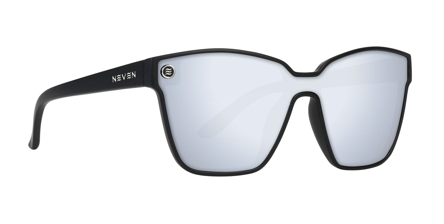 The Perseverance by Neven Eyewear features large, reflective silver UV400 lenses in a thick matte black frame, with black temples. The NEVEN logo appears in white on one side and a small circular emblem sits near the left lens.