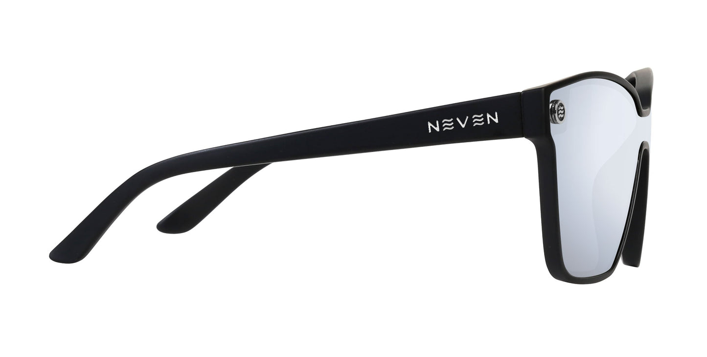 Side view of Neven Eyewear's Perseverance sunglasses: black, space-inspired design with mirror-like lenses and thick rectangular frame. "NEVEN" in white on the left temple. Polarized lenses provide UV400 protection on a sleek white background.