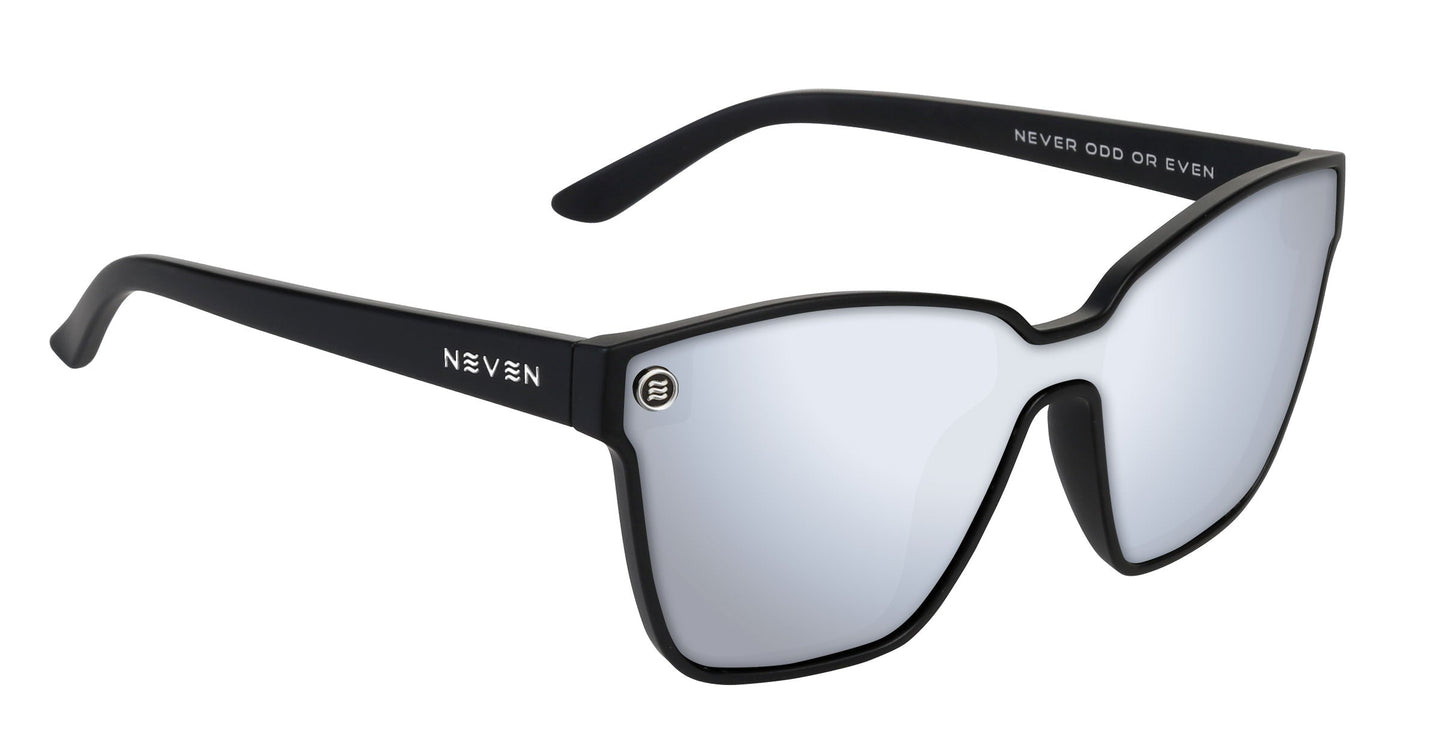 The Perseverance by Neven Eyewear is a modern, oversized pair of space-inspired sunglasses with UV400 silver-tinted lenses, a black frame, and white "NEVEN" plus “NEVER ODD OR EVEN” branding on the temples with a circular logo at the hinge.