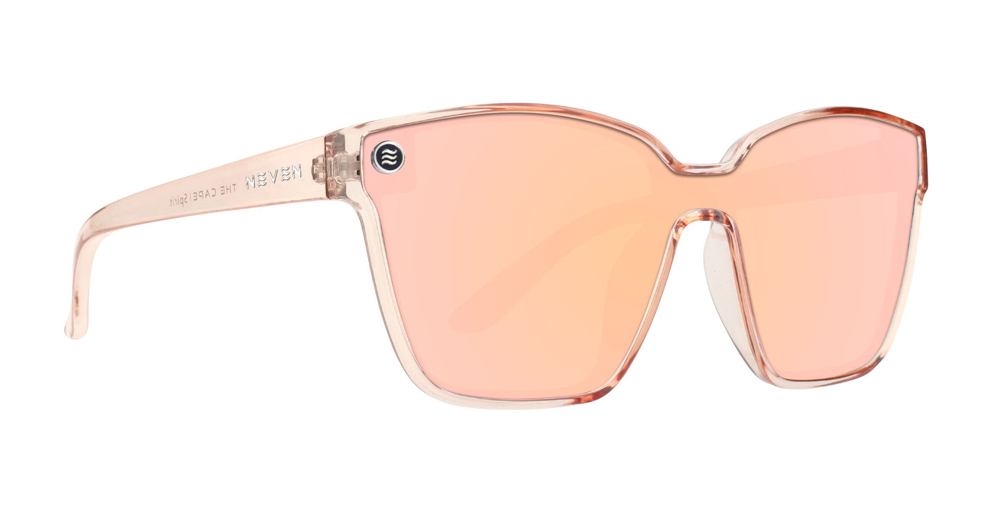 The Spirit by Neven Eyewear features translucent pink rectangular oversized frames with pink-tinted polarized UV400 lenses. Pink temples include a small round black and white logo near the hinge for added style and eye protection.