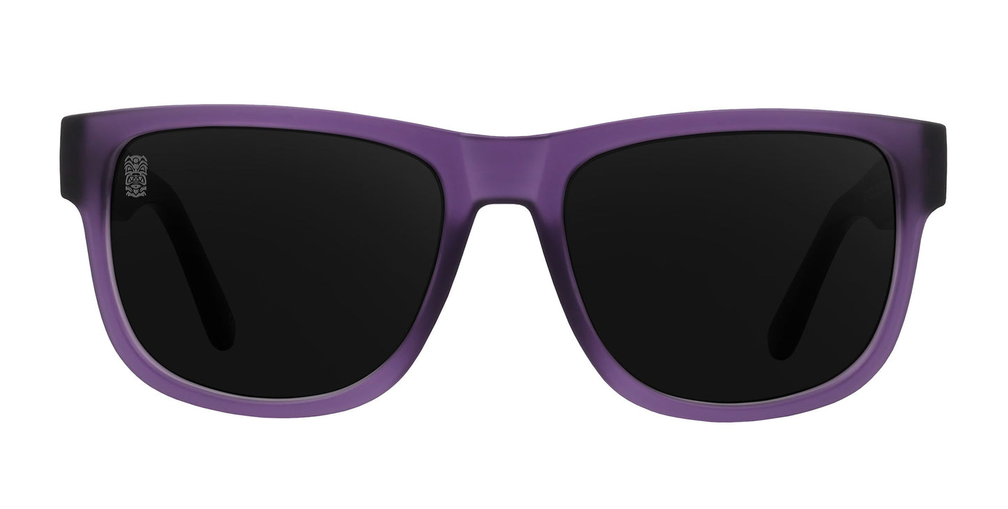 Neven Eyewear's Ella sunglasses feature a thick, matte purple rectangular frame and large black lenses with polarized UV400 protection. Shown front-facing on a white background, both temples are not visible.
