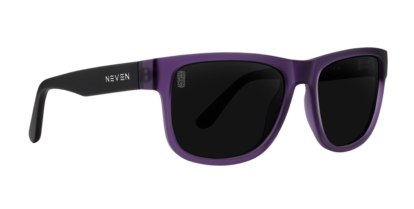 Neven Eyewear Ella rectangular sunglasses feature a matte black and purple frame, black arms with “NEVEN” in white, and polarized UV400 dark lenses for eye protection.