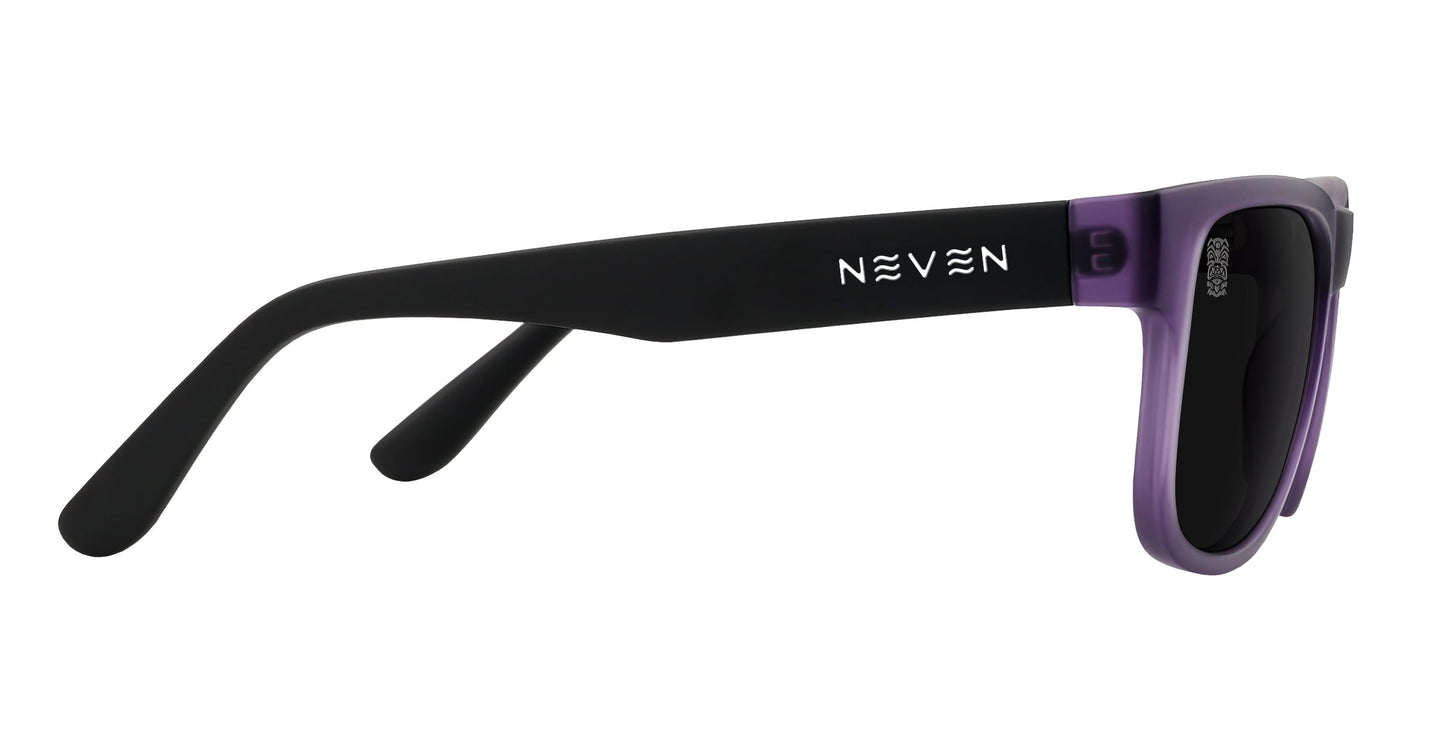 Neven Eyewear Ella sunglasses feature a rectangular shape, black arms, translucent purple frame, and “NEVEN” in white on the left arm. Dark lenses provide polarized UV400 protection for stylish safety.