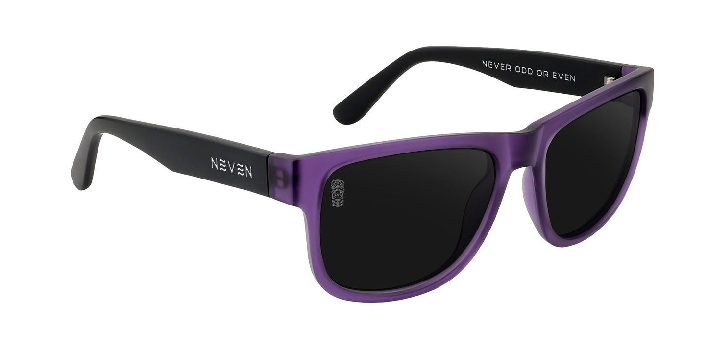 The Ella sunglasses by Neven Eyewear feature a classic rectangular shape, matte purple frame, black arms, polarized UV400 dark lenses, and signature "NEVEN" and "NEVER ODD OR EVEN" prints on the arms. Unisex style.
