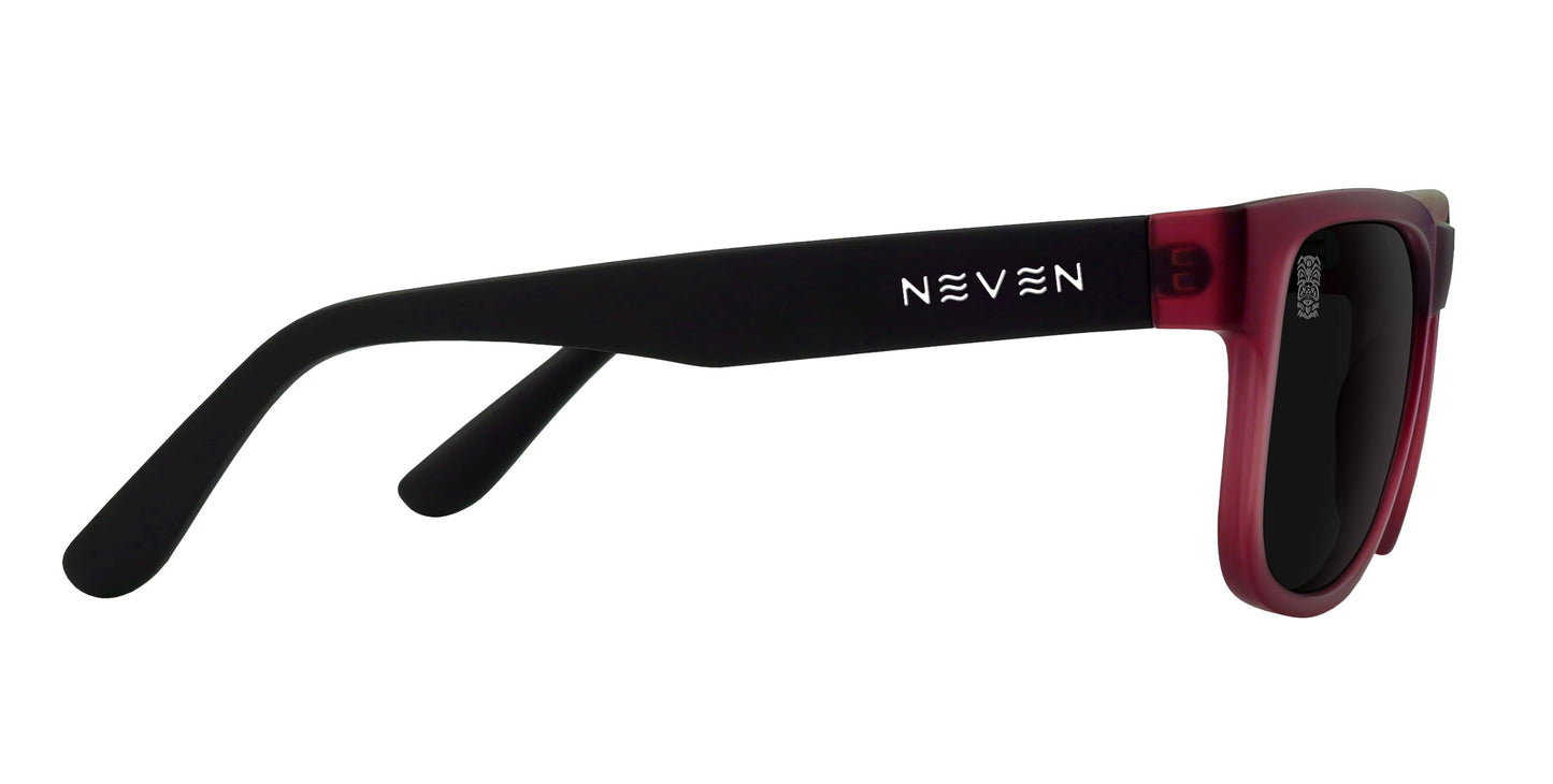 The Plasma by Neven Eyewear features matte black arms, dark polarized lenses, and a translucent burgundy front frame. The left arm displays the NEVEN logo in white, and the slightly curved temple tip ensures comfort.