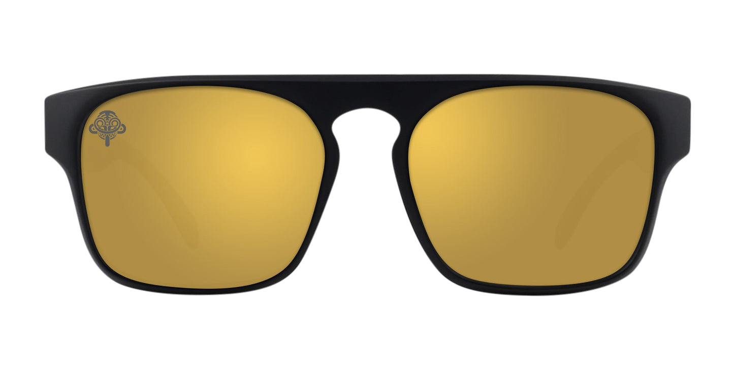 Front view of Neven Eyewear’s Golden Banana sunglasses: black rectangular frame, gold mirrored lenses with a small white logo on the upper left lens, matte finish, wide curved bridge, and polarized UV400 protection.