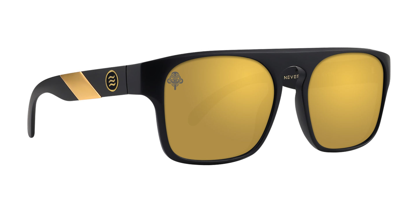 A pair of black rectangular Golden Banana sunglasses from Neven Eyewear with reflective gold lenses, a gold diagonal stripe and wavy-line logo on the temples, polarized UV400 protection, and "NEVEN" subtly printed on the right lens frame.
