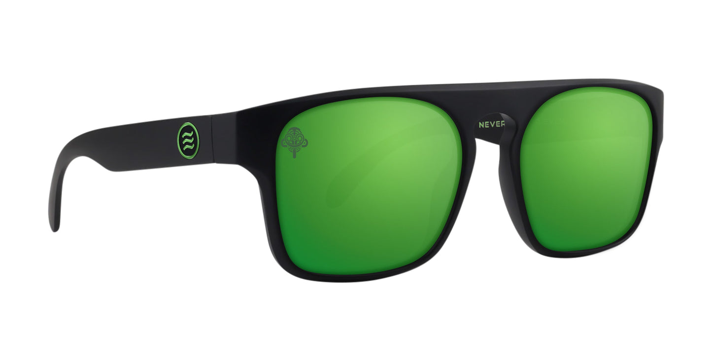 A pair of black rectangular polarized Primatology sunglasses by Neven Eyewear, featuring bright green mirrored lenses, a circular wave logo on the left temple, a subtle tree on the left lens, and "NEVER" printed near the bridge—ideal for Dirt Monkey fans.