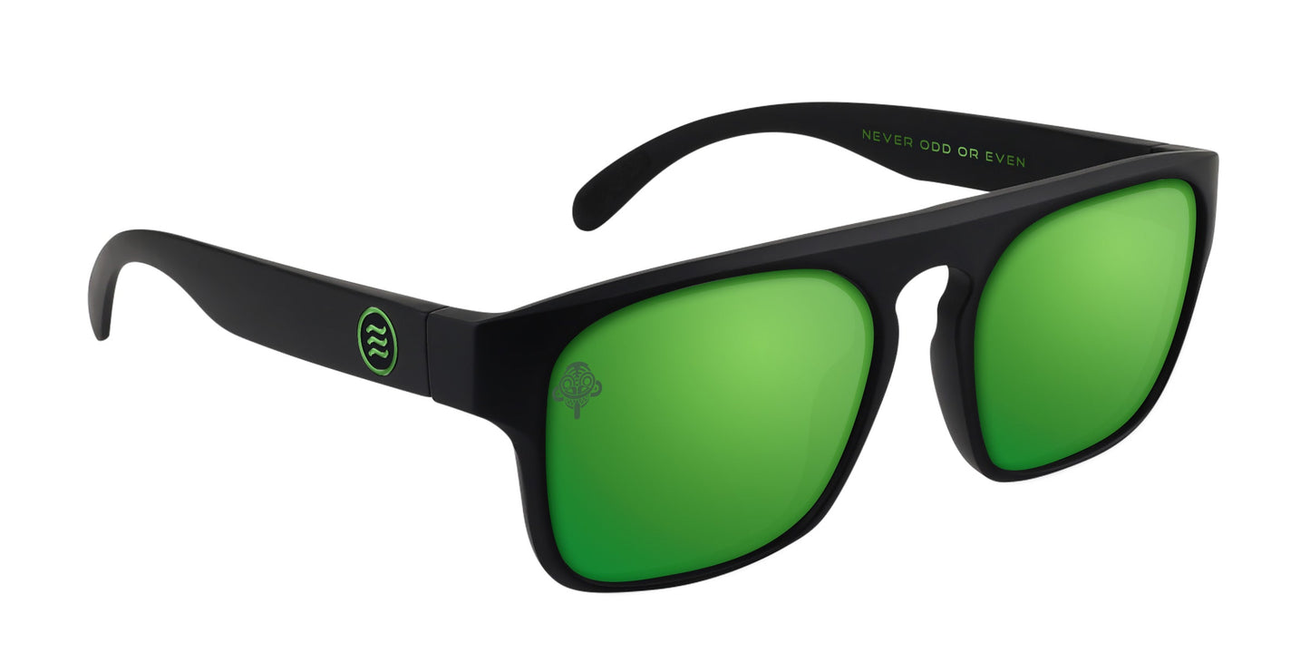 Primatology by Neven Eyewear: black polarized sunglasses with large green mirrored lenses, a subtle left-lens graphic inspired by Dirt Monkey, small wave on the temple, and "NEVER ODD OR EVEN" in green inside the arm.