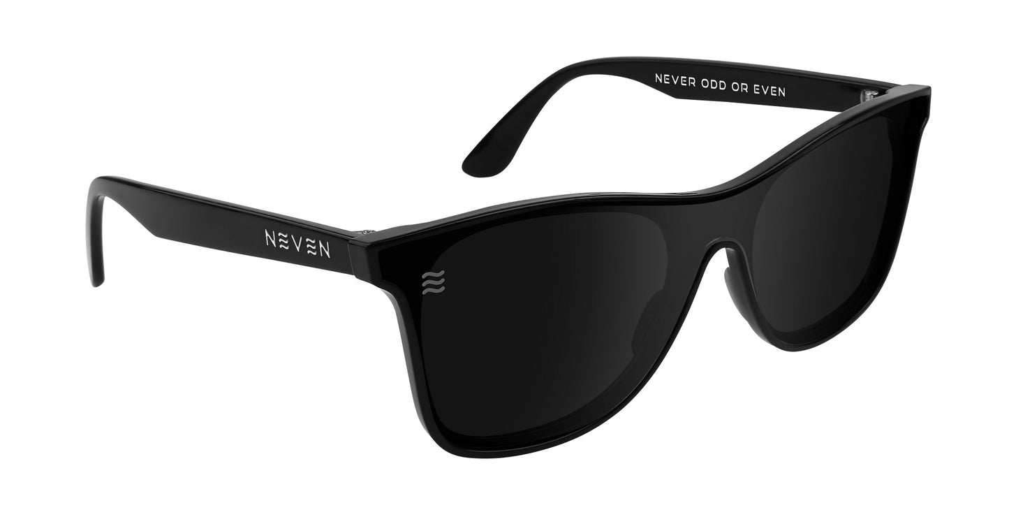 The Goblin sunglasses by Neven Eyewear feature large, slightly curved rectangular black polarized lenses, UV400 protection, and a glossy black frame with NEVEN and a wave symbol on the arms. Part of the Thestral Collection.