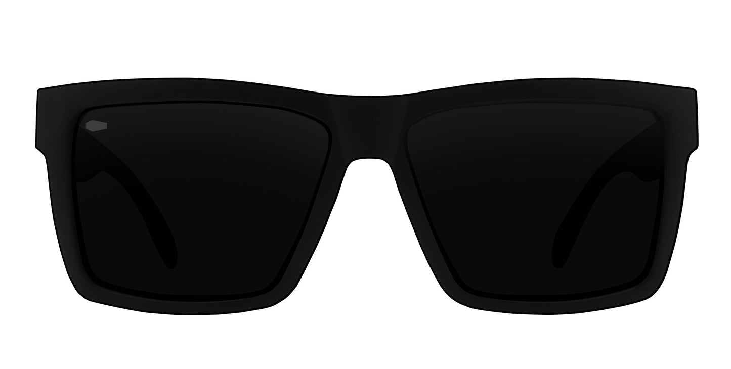 A pair of Neven Eyewear Lowrider XL sunglasses with thick, glossy black frames and dark polarized lenses is shown from the front on a white background. These oversized rectangular sunglasses combine style and protection.