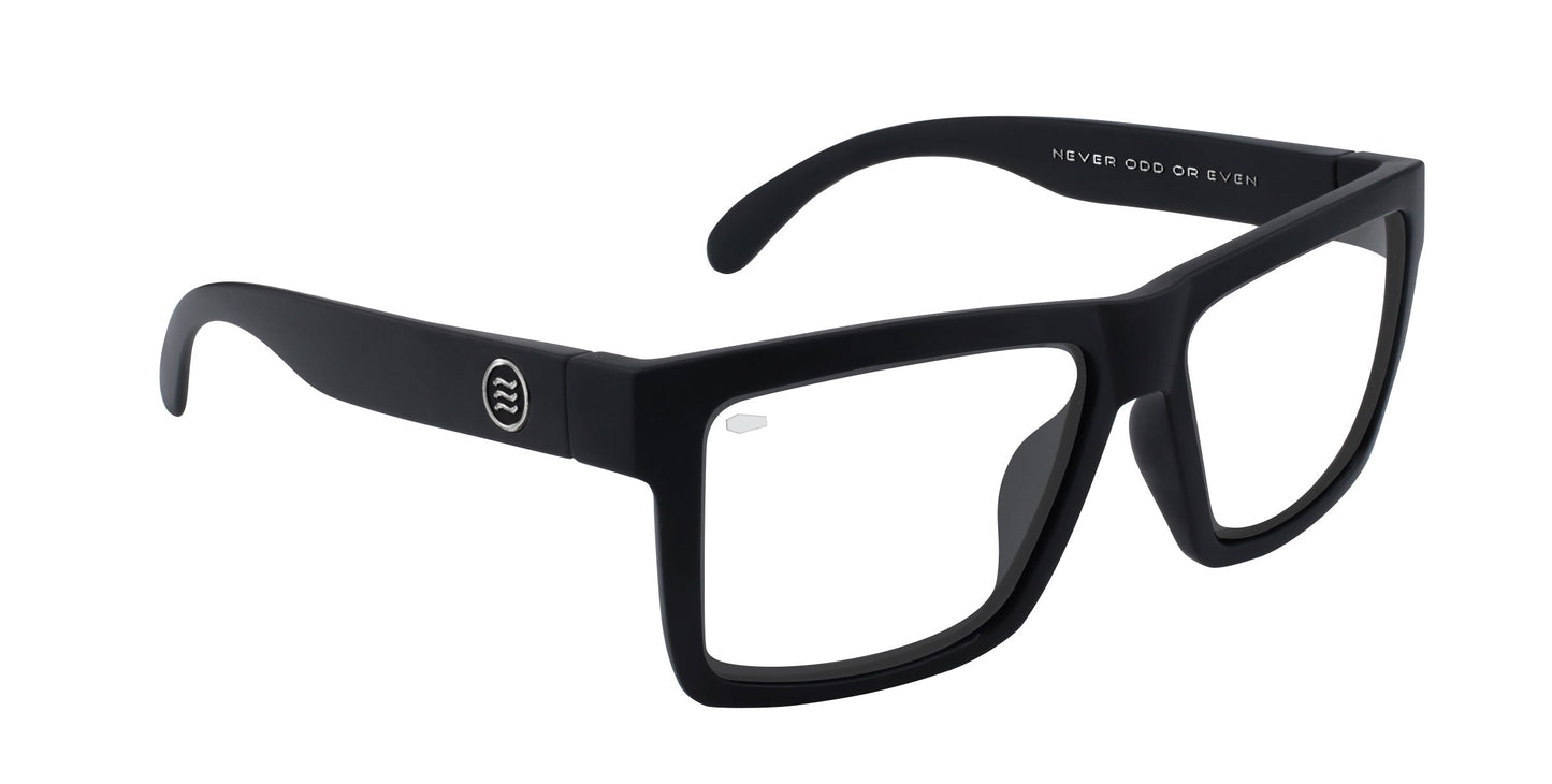 The Malibu XL by Neven Eyewear is a pair of black, matte rectangular eyeglasses with clear, prescription-ready lenses. They feature "NEVER ODD OR EVEN" inside the right arm and a circular logo with two lines on the left.