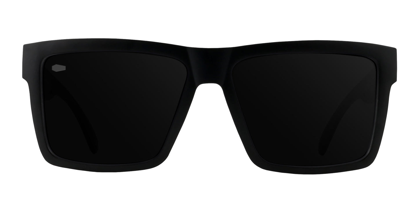 Prospector XL sunglasses by Neven Eyewear feature black rectangular frames with a glossy finish and polarized black lenses, shown front-facing on a white background. Their modern, bold design includes slightly curved edges for a stylish look.