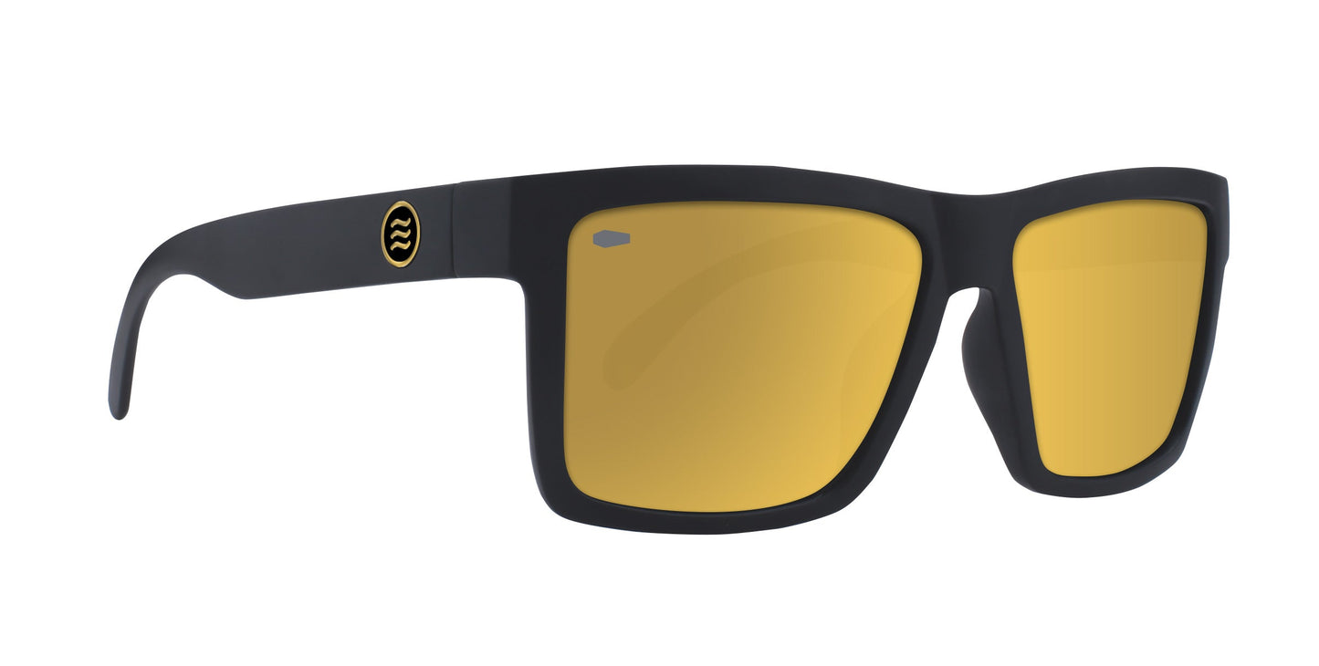The Neven Eyewear Sentry XL sunglasses feature a large matte black frame, yellow-tinted polarized gold lenses, and a small circular logo with wavy yellow lines on the left arm. They are shown against a white background.