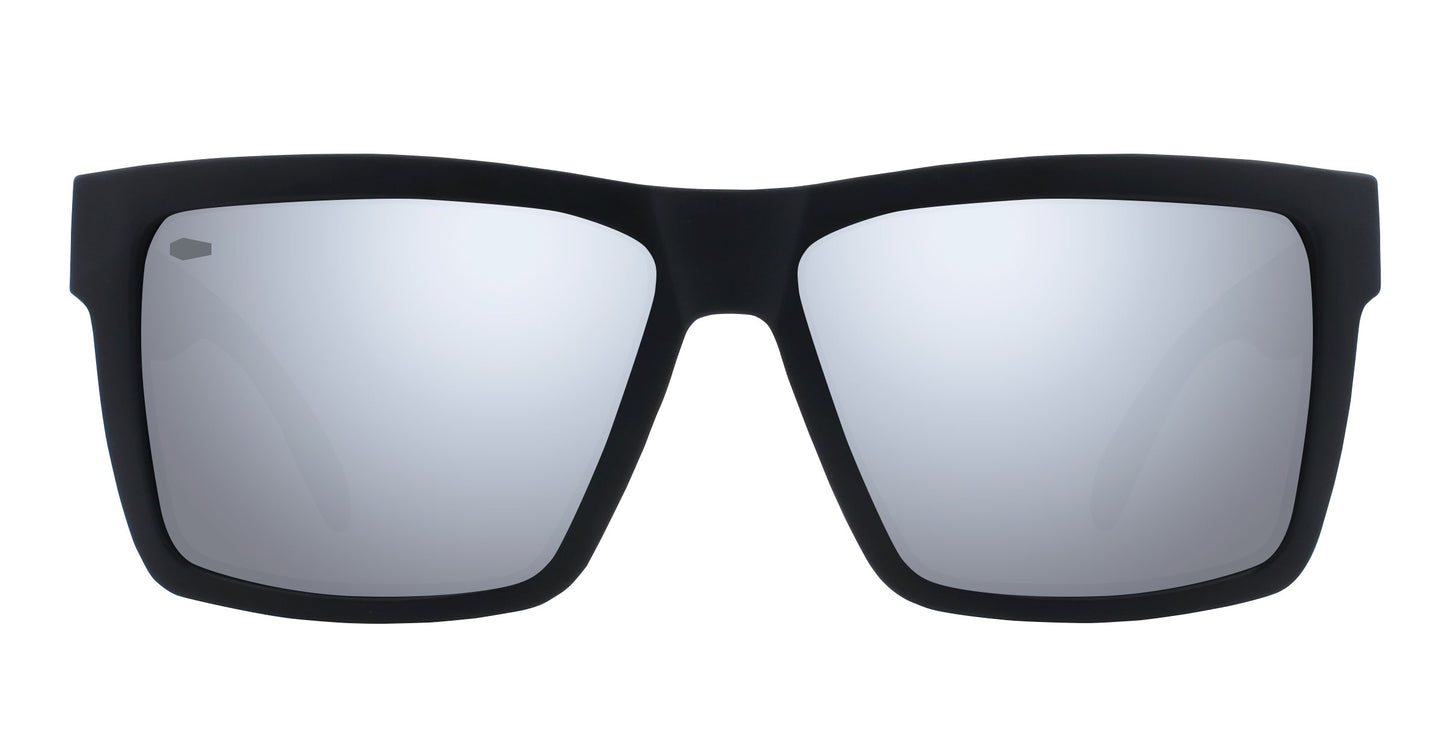 A pair of Neven Eyewear Ace sunglasses featuring a matte black frame, thick sporty rims, and reflective silver-tinted lenses. Enjoy polarized UV400 protection for stylish safety—all set against a plain white backdrop.