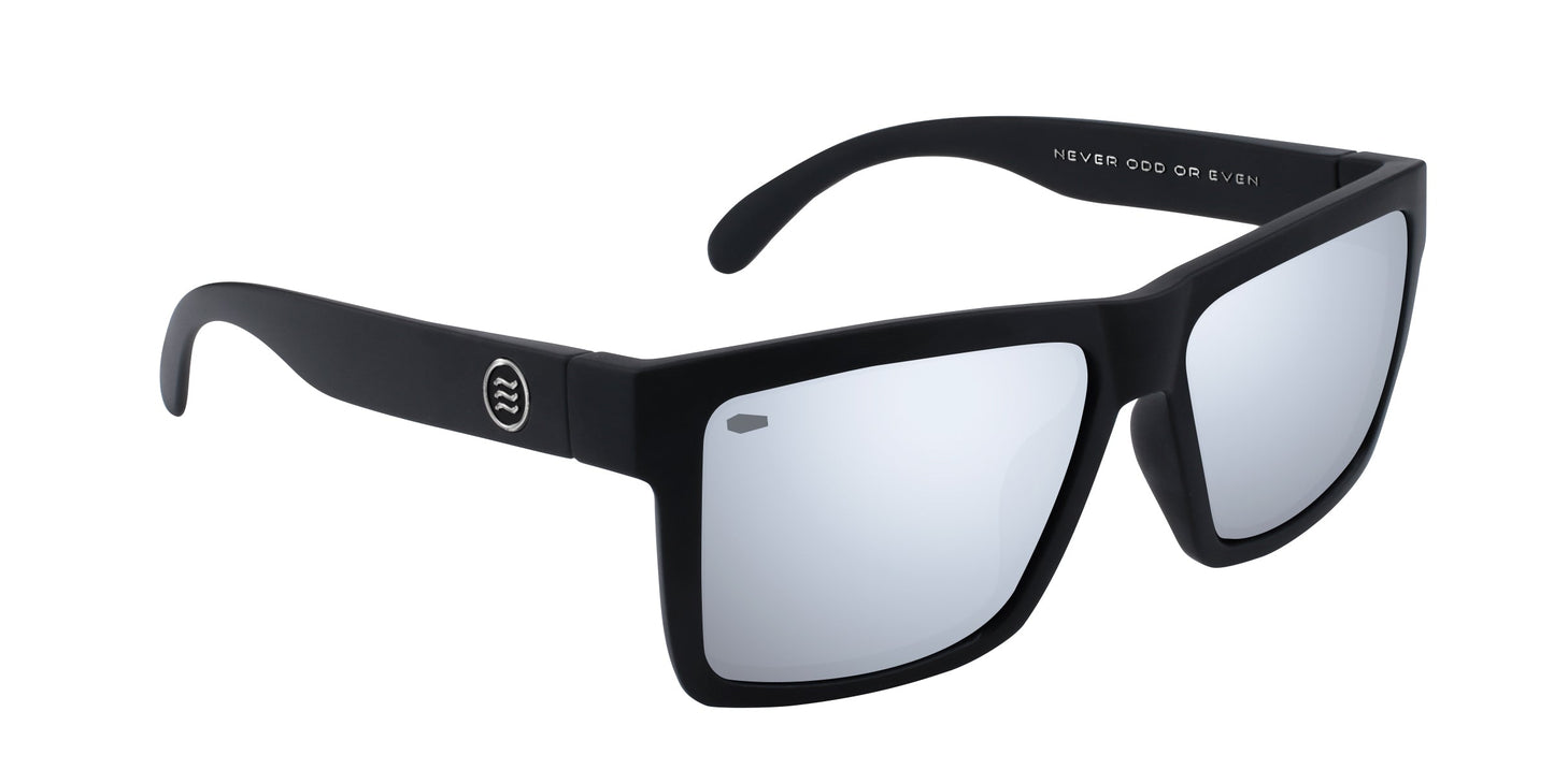 The Ace sunglasses by Neven Eyewear are black, rectangular, with mirrored polarized UV400 lenses. Thick arms display a small circular logo and "NEVER ODD OR EVEN" inside the right arm. Photographed on a white background.